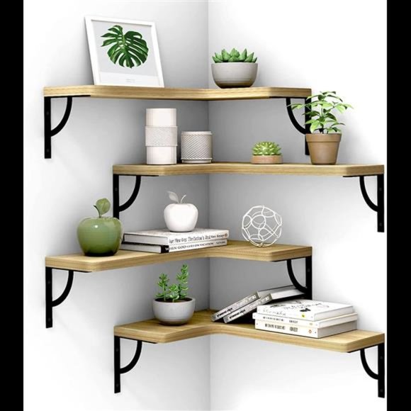 Canupdog Corner Floating Shelves Wall Mounted Set of 4, Wood Display Storage